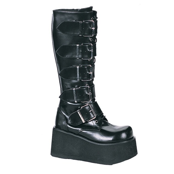 Demonia Shoes - Demonia Black Buckle Tall Platform Heeled Boots 7